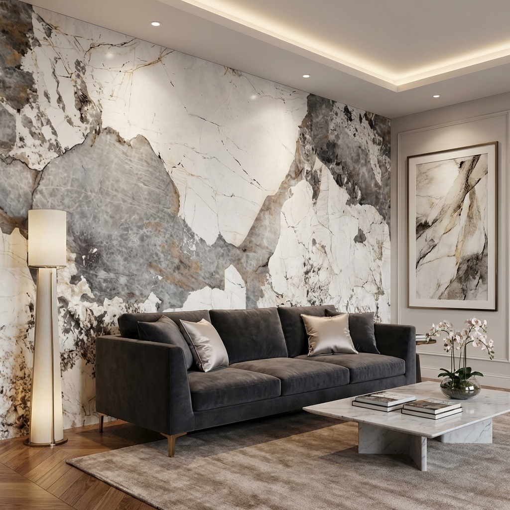Pandora Granite Wood Veneer Wall Panels | 108" x 48" Infinity Design | Waterproof & Bendable Design - Wall Forma