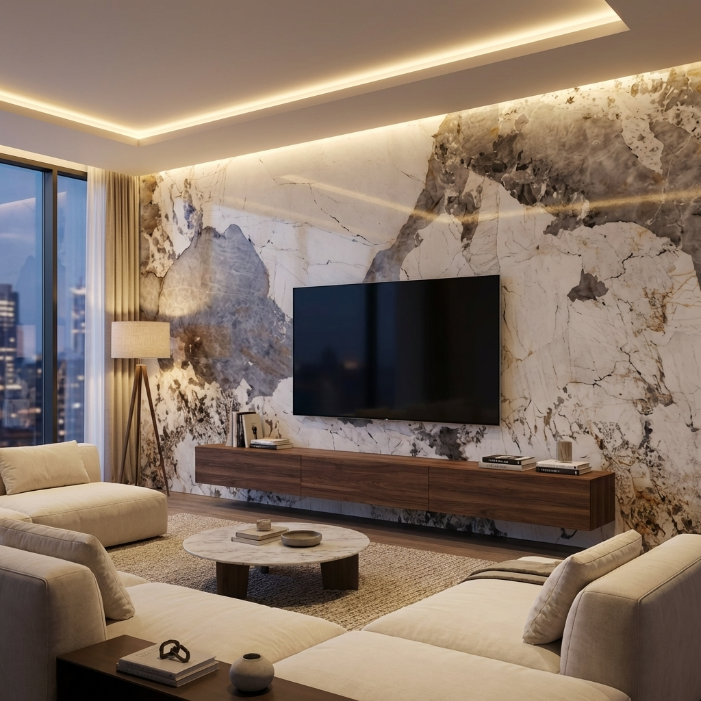 Pandora Granite Wood Veneer Wall Panels | 108" x 48" Infinity Design | Waterproof & Bendable Design - Wall Forma