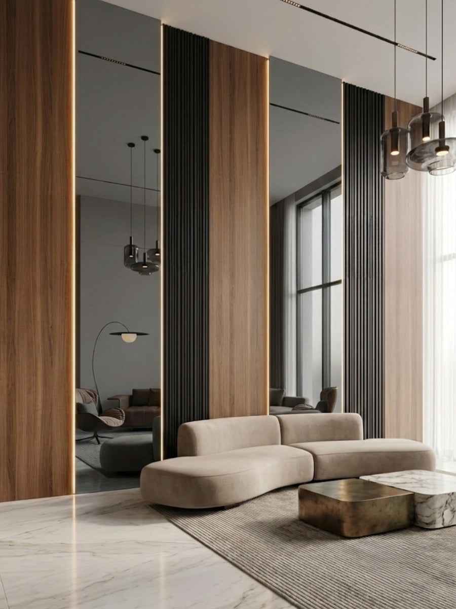 Gray Mirror Wood Veneer Panel – 9x4 ft, 8 mm, Fireproof, Waterproof & Scratch-Resistant
