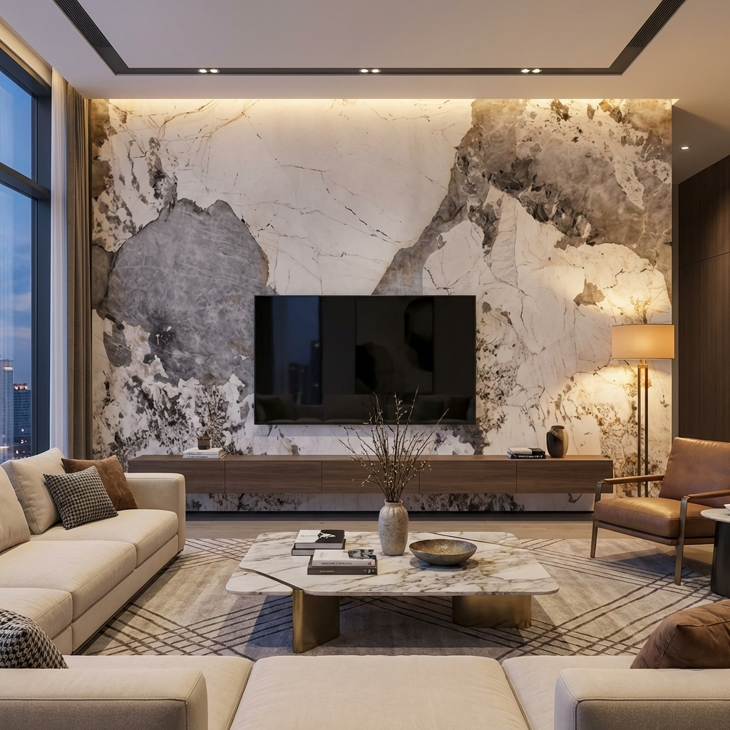 Pandora Granite Wood Veneer Wall Panels | 108" x 48" Infinity Design | Waterproof & Bendable Design - Wall Forma