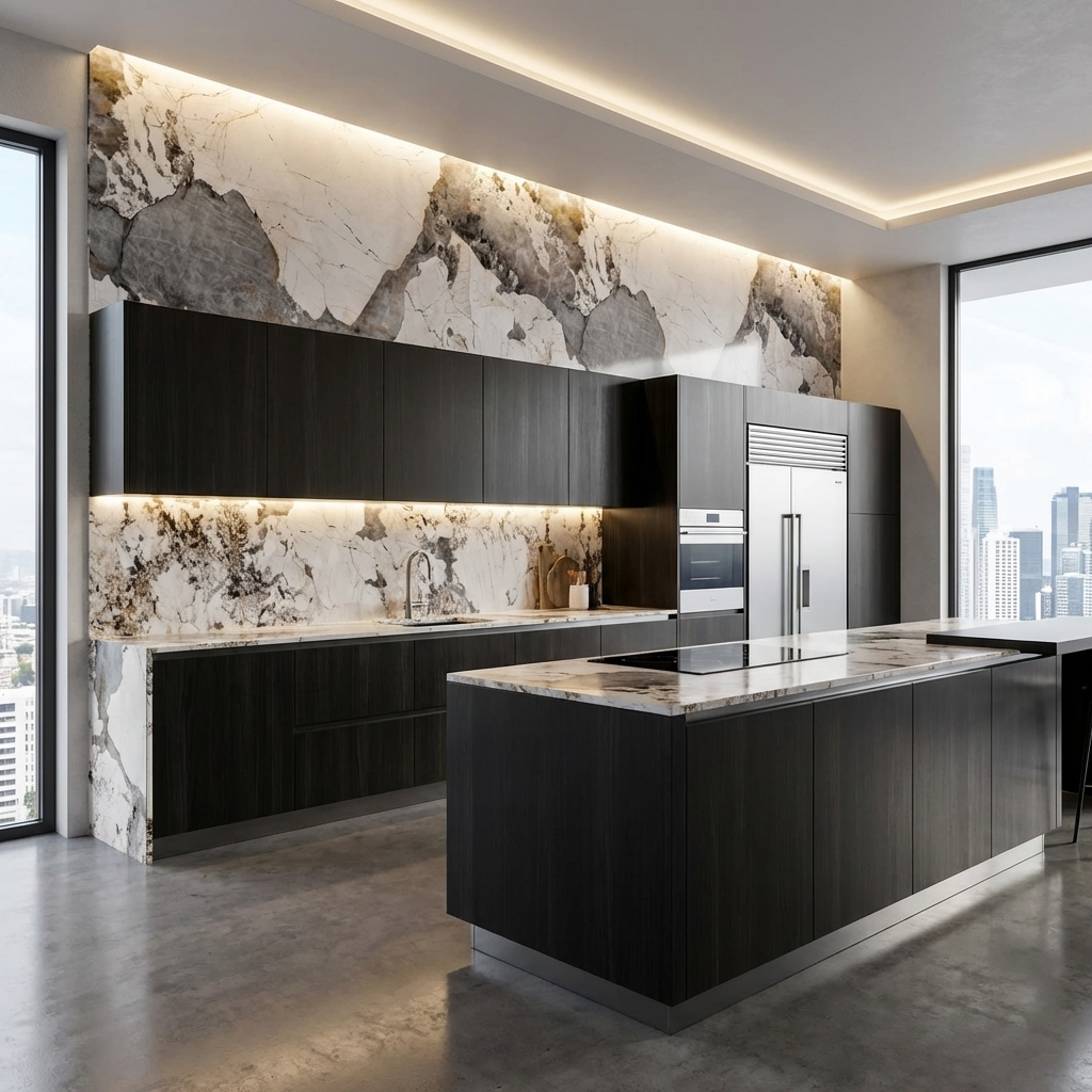 Pandora Granite Wood Veneer Wall Panels | 108" x 48" Infinity Design | Waterproof & Bendable Design