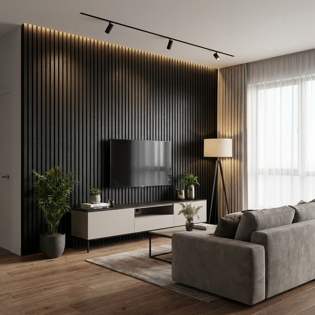 Black Acoustic Wood Slat Wall Panel | Premium 3-Sided Veneer | Sound-Absorbing