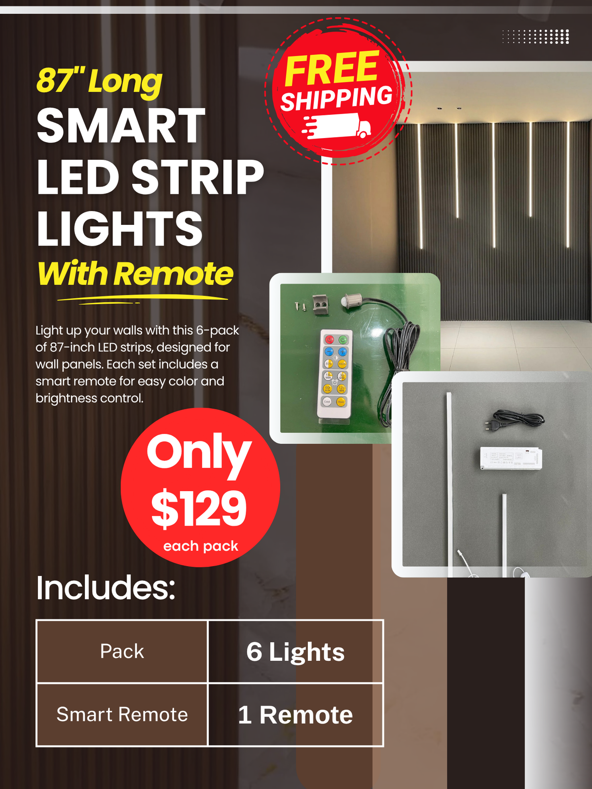 6-Pack 87" Smart LED Strip Lights with Remote - Wall Forma