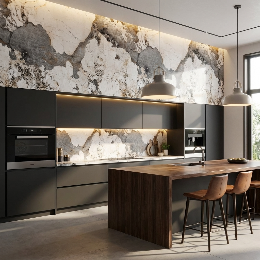 Pandora Granite Wood Veneer Wall Panels | 108" x 48" Infinity Design | Waterproof & Bendable Design - Wall Forma