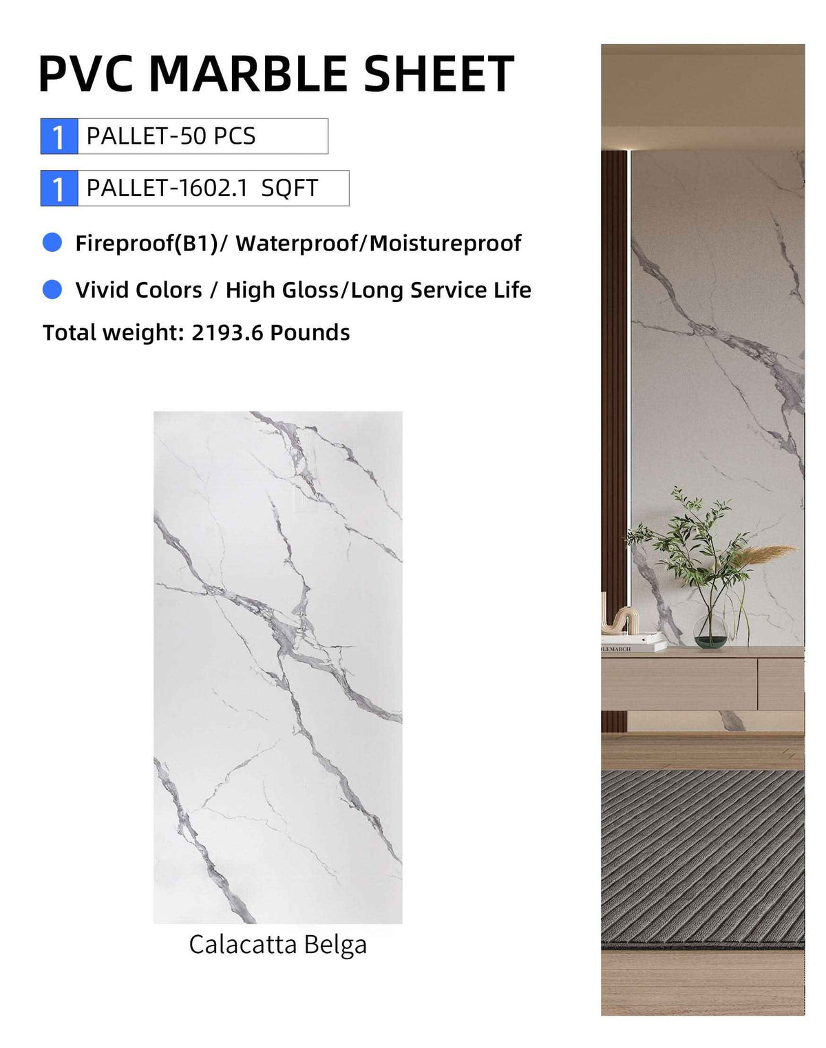 Calacatta Belga PVC Marble Sheets Wall Panel - Waterproof 4x8 ft (32 sq. ft)