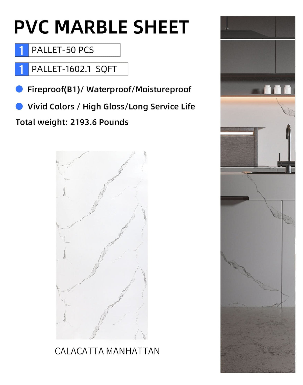 Calacatta Manhattan PVC Marble Sheets Wall Panel - Waterproof 4x8 ft (32 sq. ft) - Wall Forma