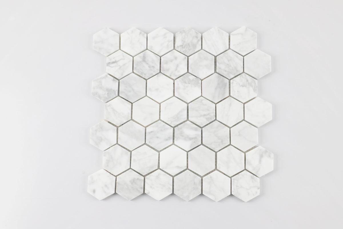 Calacatta White Hexagon Polished Marble Mosaic Tile – 12" x 12" - Wall Forma