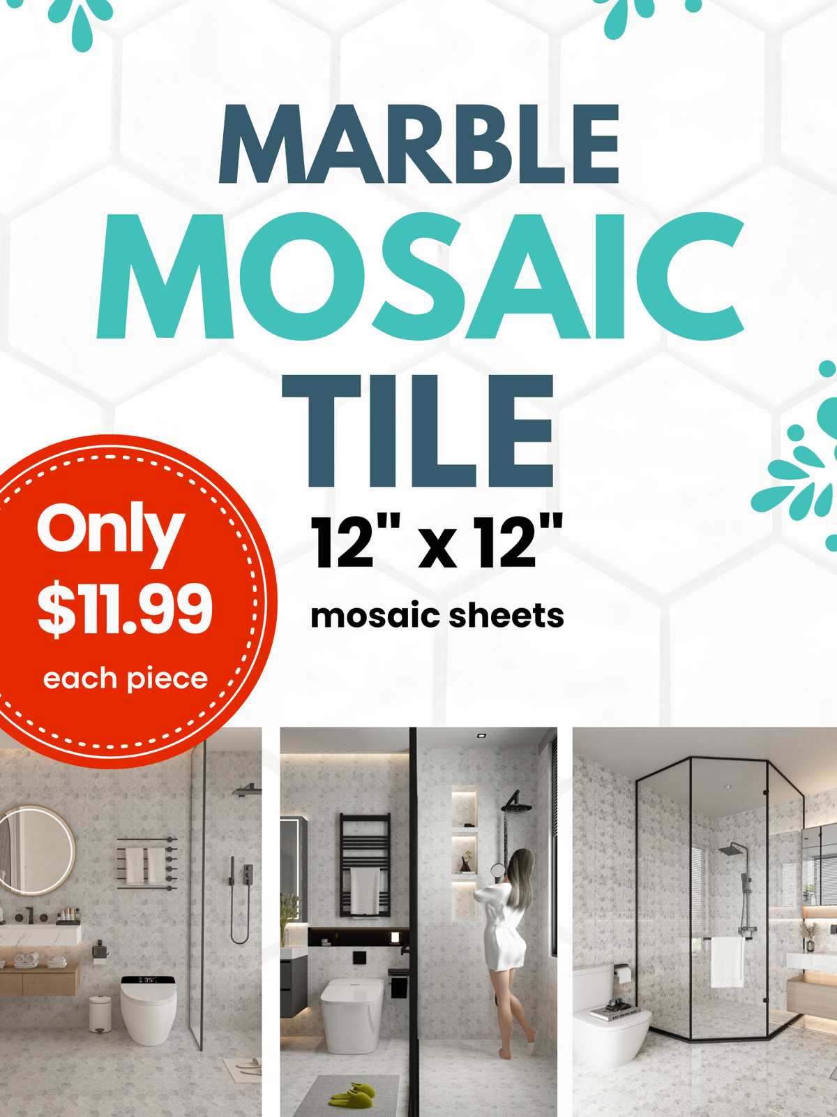Calacatta White Hexagon Polished Marble Mosaic Tile – 12" x 12" - Wall Forma