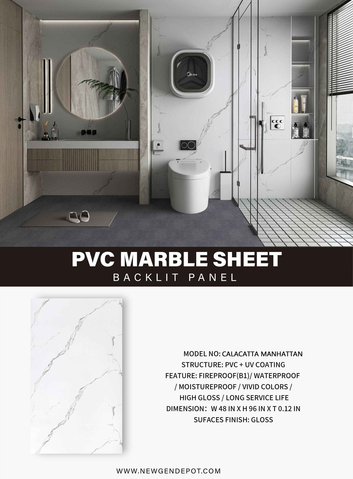 Calacatta Manhattan PVC Marble Sheets Wall Panel - Waterproof 4x8 ft (32 sq. ft)