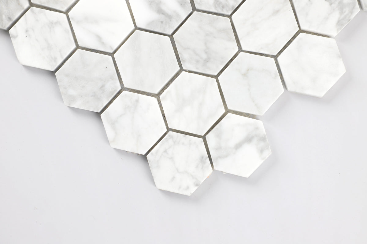 Calacatta White Hexagon Polished Marble Mosaic Tile – 12" x 12" - Wall Forma