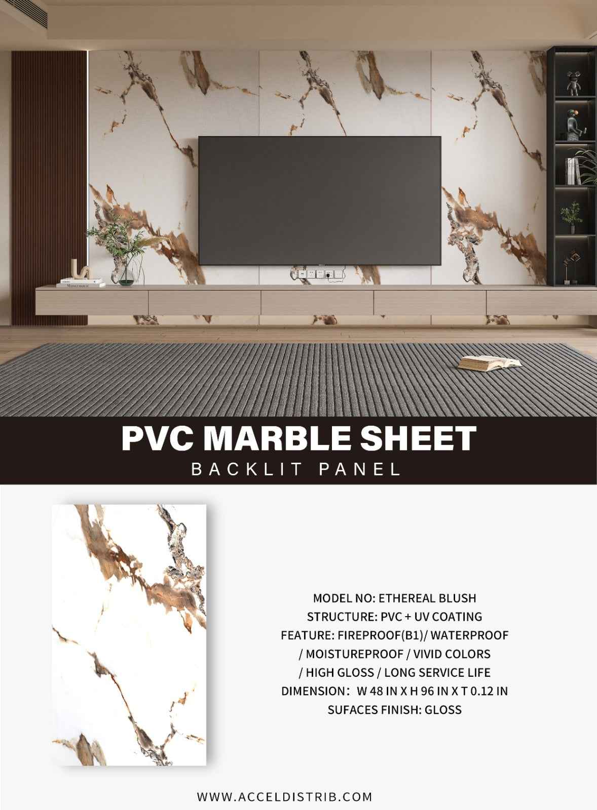 Ethereal Blush Marble UV Protected PVC Wall Panel - 4x8 ft, Fireproof & Waterproof (32 sq. ft)