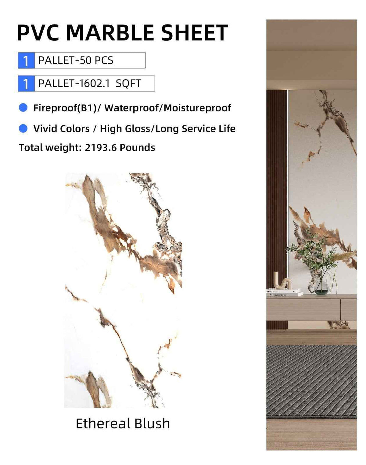 Ethereal Blush Marble UV Protected PVC Wall Panel - 4x8 ft, Fireproof & Waterproof (32 sq. ft)