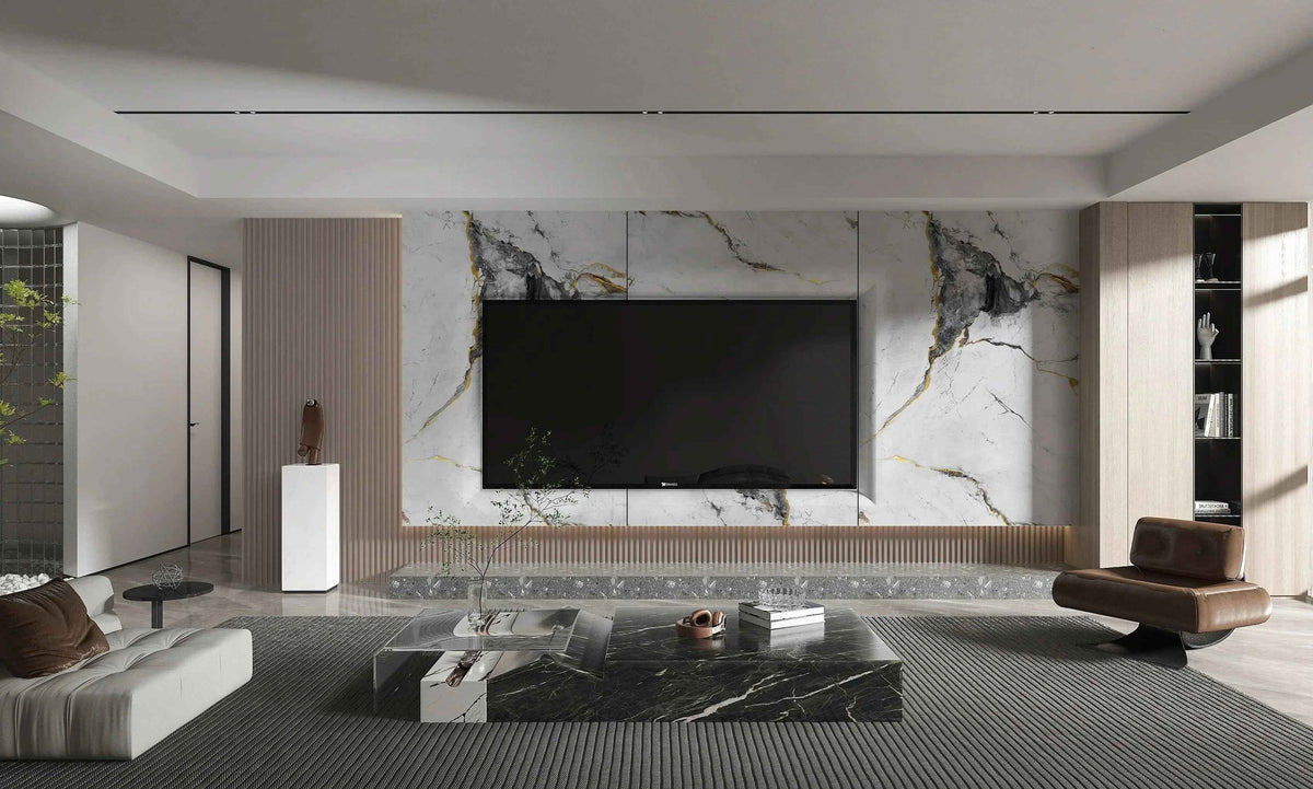 White Deep Gray Marble PVC Wall Panel - Waterproof (4x8 ft, 32 sq. ft)