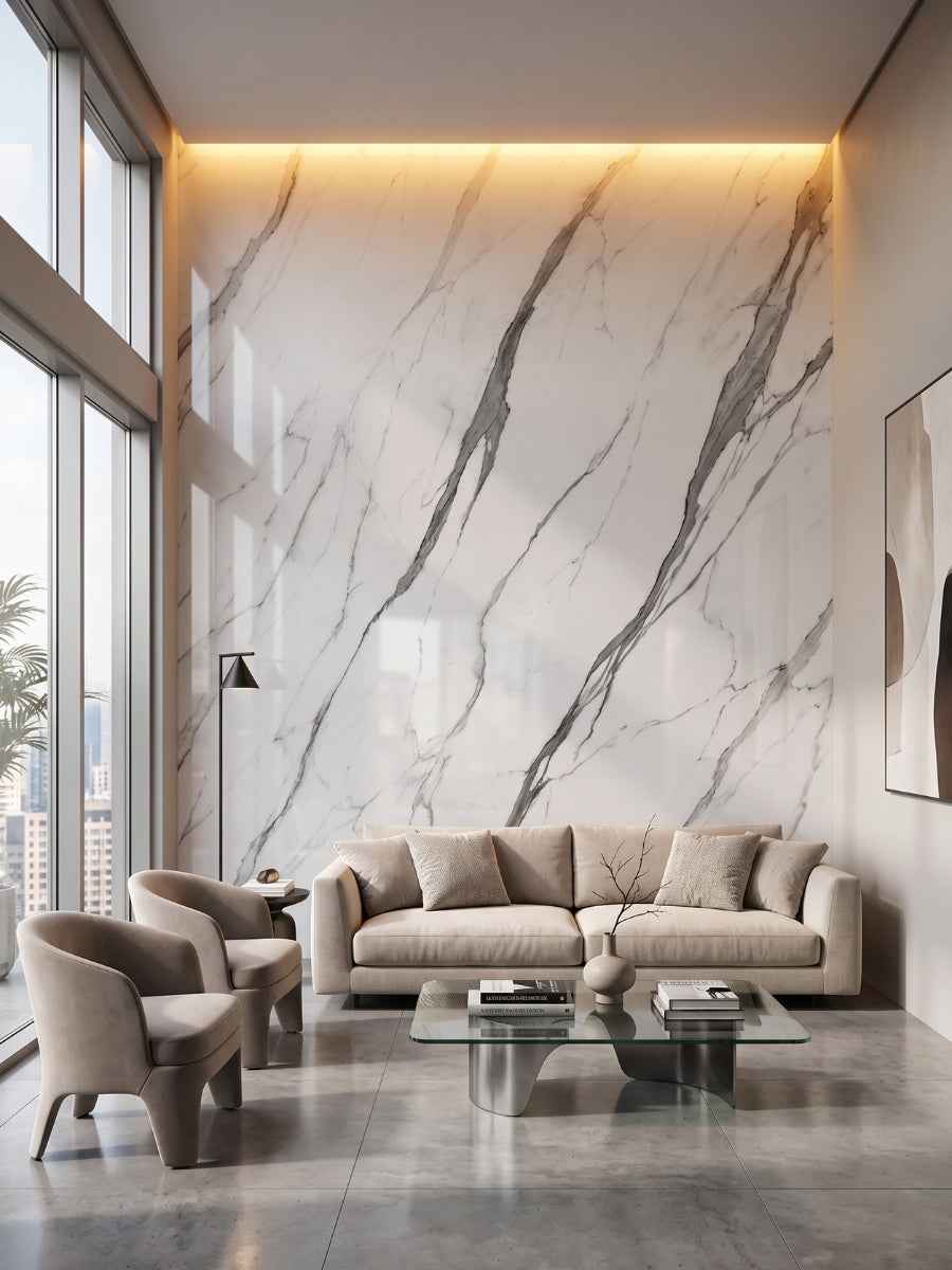 White Matte Marble UV Protected PVC Wall Panel - 4x8 ft, Fireproof & Waterproof (32 sq. ft)